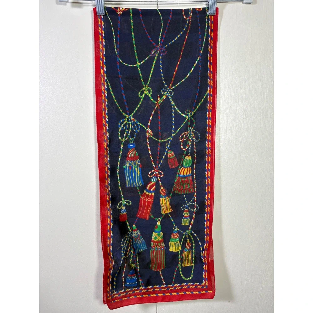 Vintage 80s Silk Tassel Rope Scarf Navy Blue Red Oblong Italy Equestrian 54x11